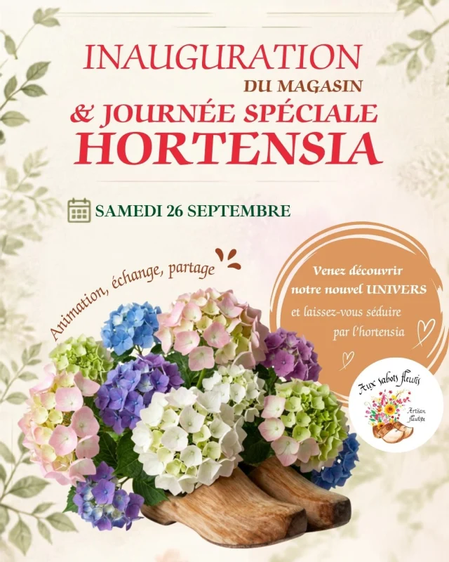 Rendez vous ce samedi 26 septembre ! Venez célébrer l’inauguration de notre nouveau magasin avec nous !
Et parce qu’on adore vous faire découvrir de jolies choses… 🌿
💜 L’hortensia sera la star de la matinée !
Au programme : animation, échanges, conseils, découvertes et partage autour de cette magnifique fleur.
🌸 Venez découvrir notre nouvel univers, rencontrer Marie et son équipe, papoter fleurs et surtout… passer un joli moment fleuri !
📍 20 rue Saint-Louis – Charleville-Mézières
⏰ De 10h à 12h 
On vous attend nombreux !